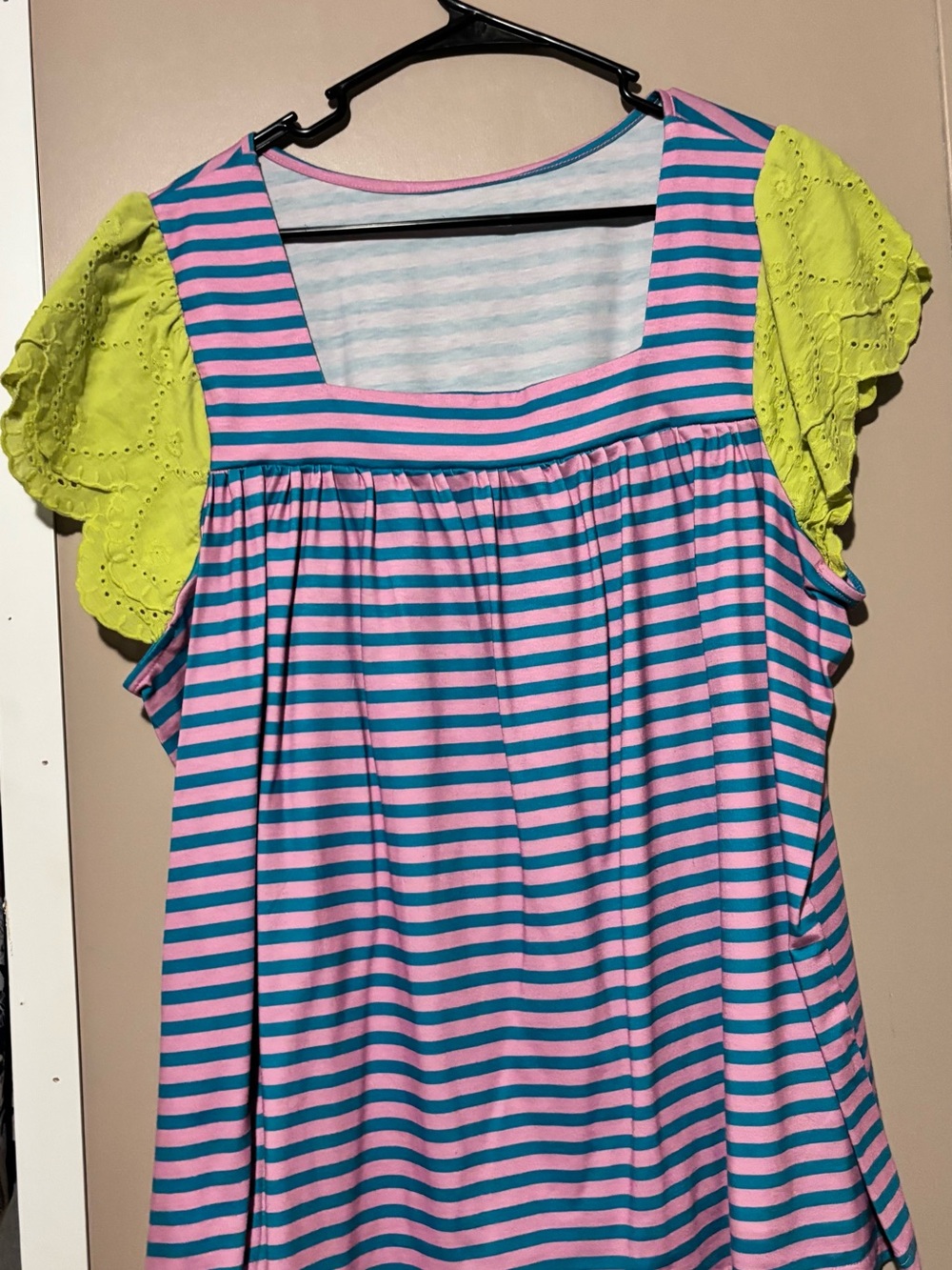 Girls' Pink & Blue Striped Dress with Lime Eyelet Sleeves
